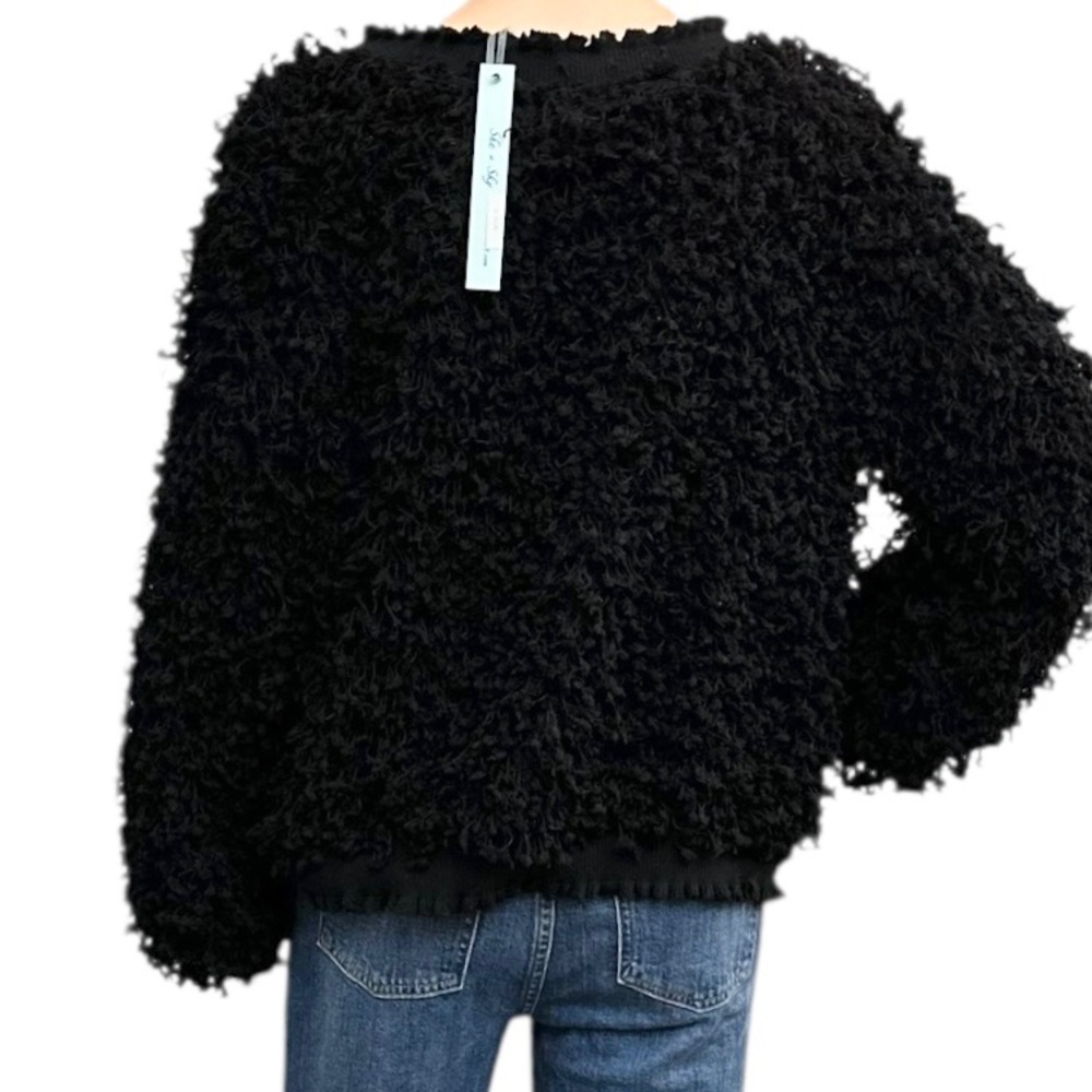 NWT Black Fuzzy Sweater Women’s Sherpa Cropped Knitted Witchy Crew Neck Size L - Picture 4 of 6